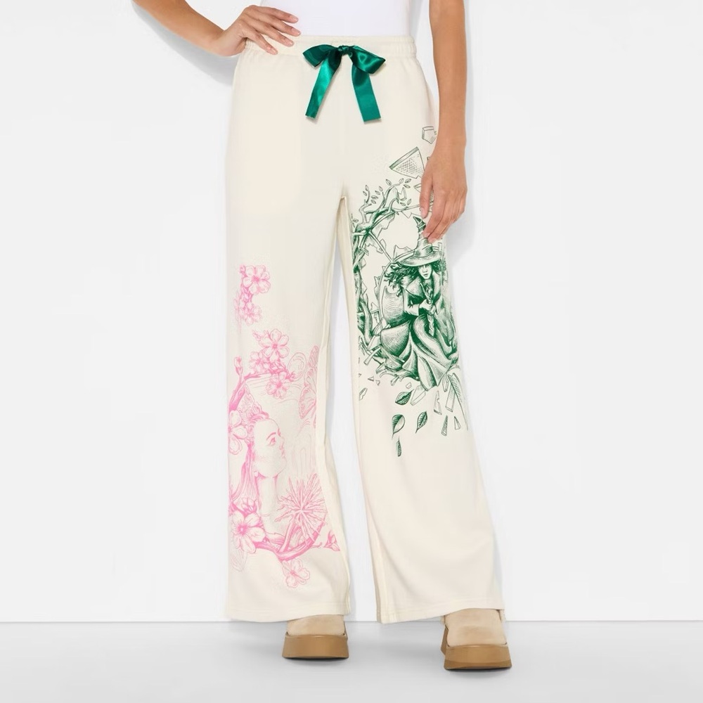 Wide-Leg Cream Printed Lounge Pants with Green Ribbon